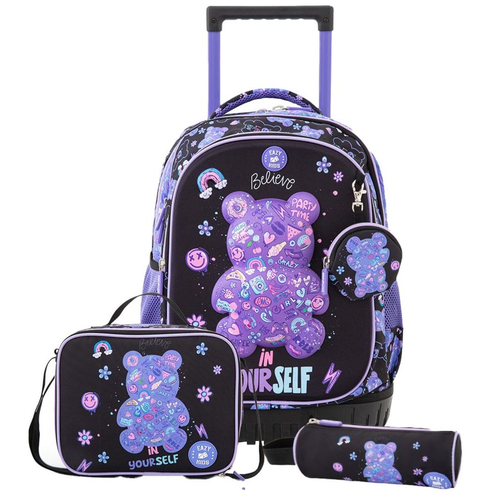 Eazy Kids - Trolley School Backpack Combo Set - Teddy Black - 18-inch - 4 Pc Set
