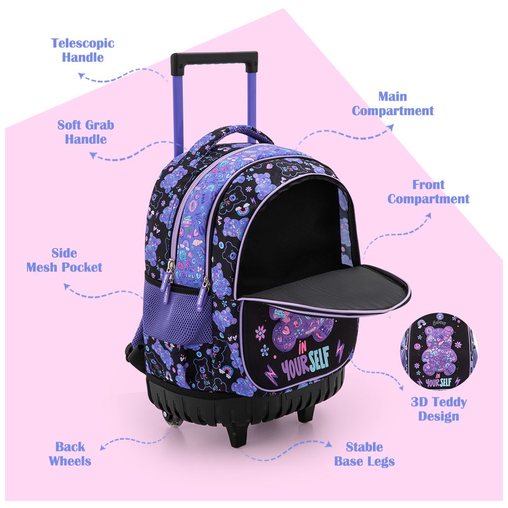 Eazy Kids - Trolley School Backpack Combo Set - Teddy Black - 18-inch - 4 Pc Set