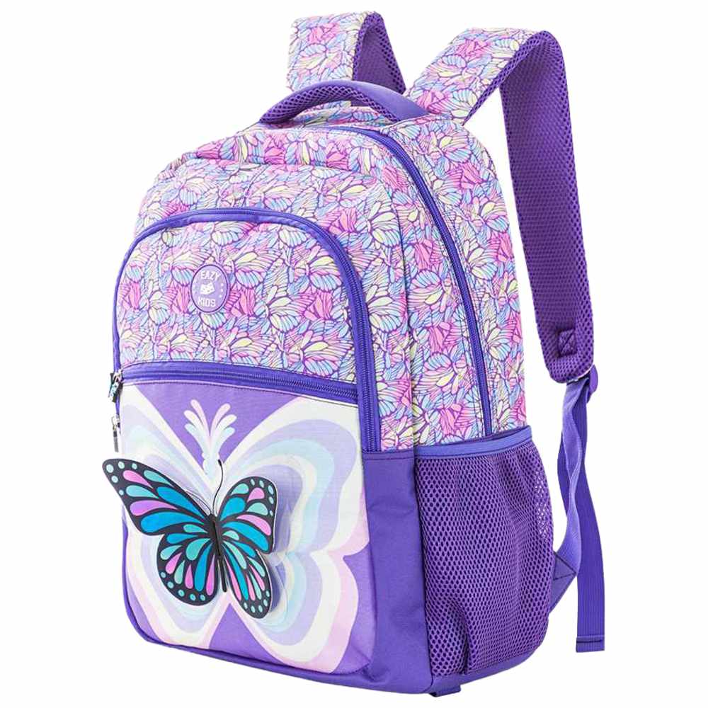 Eazy Kids - Personalized Backpack with Lunch Bag And Pencil Case - 3D Butterfly Purple