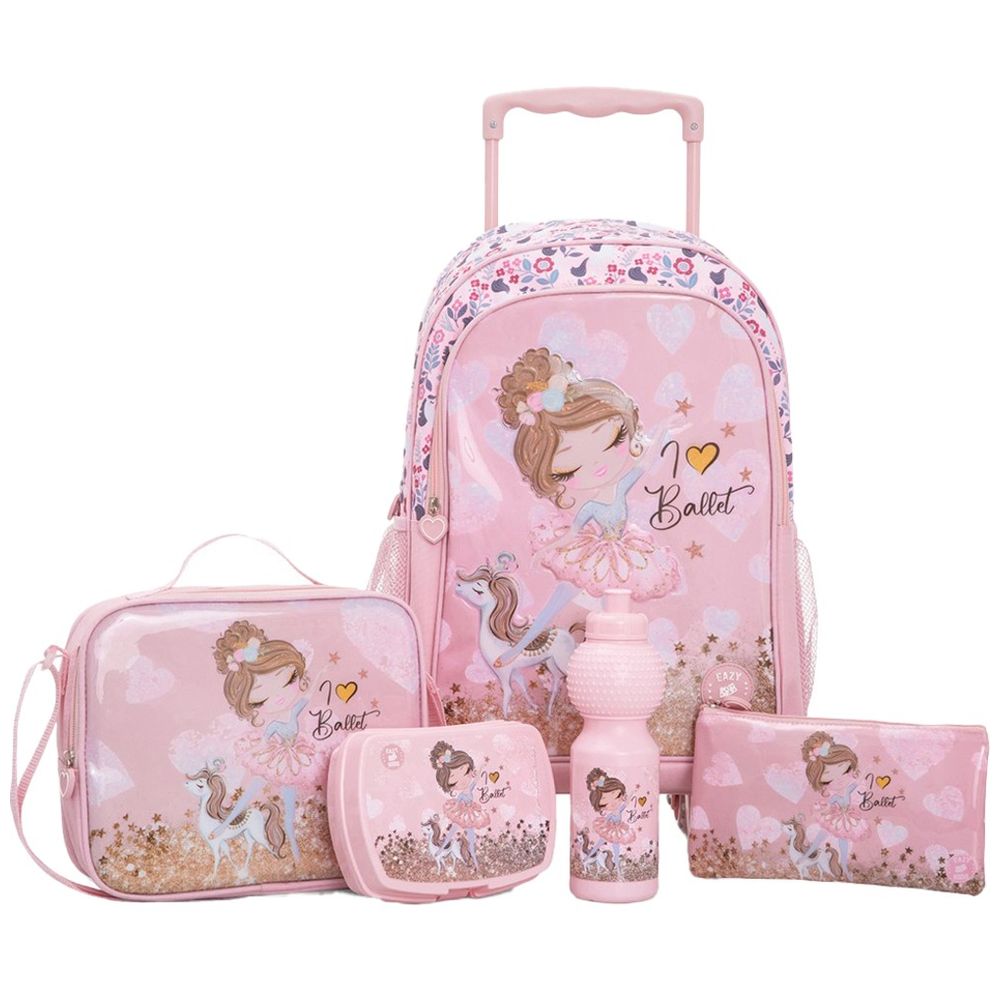 Eazy Kids - Trolley School Bag Combo - Ballet Pink - 17-Inch - 5 Pc Set