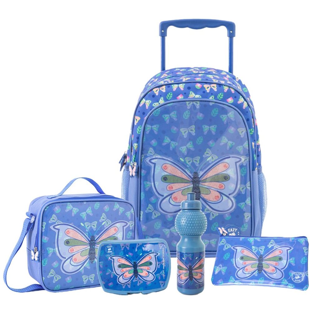 Eazy Kids - Butterfly Trolley Combo Set - Blue - 17-inch - 5 Pc Set