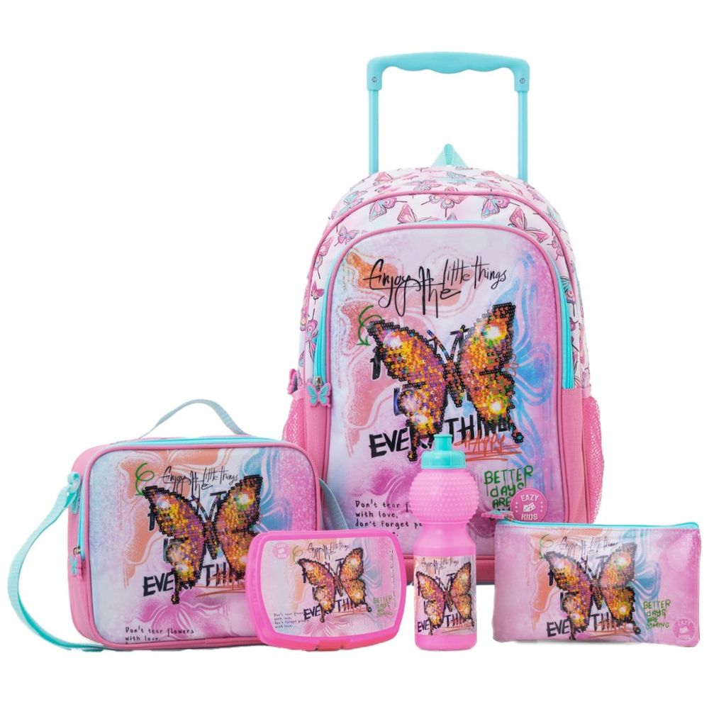 Eazy Kids - Trolley School Bag Combo - Butterfly Mint - 17-Inch - 5 Pc Set