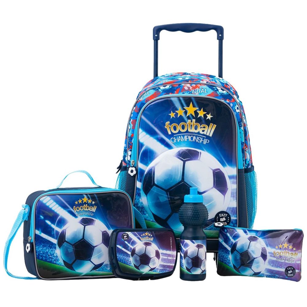 Eazy Kids - Trolley School Bag Combo - Soccer Blue - 17-Inch - 5 Pc Set