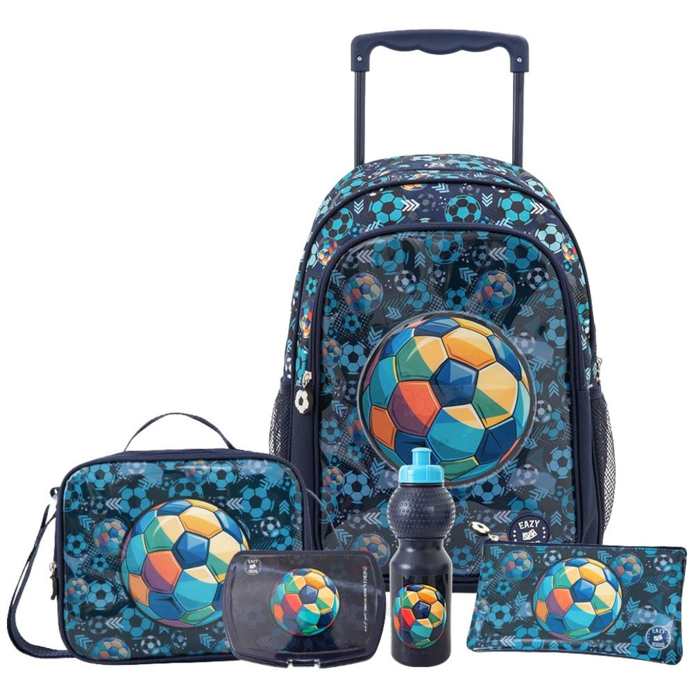 Eazy Kids - Trolley Backpack Combo Set - Football Blue - 17-inch - 5 Pc Set