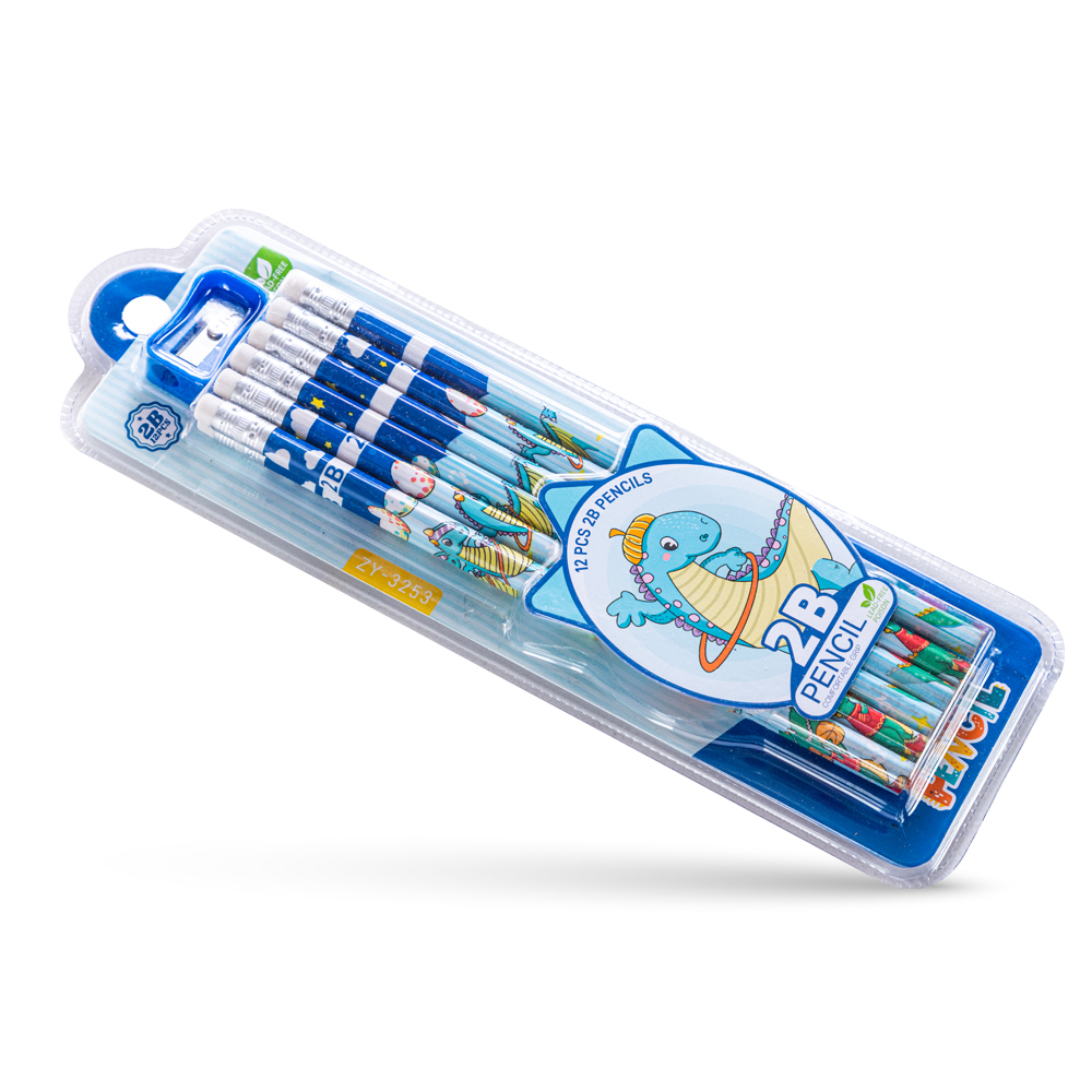 Eazy Kids - 2B Pencils With Eraser & Sharpener 12pc Set - Blue