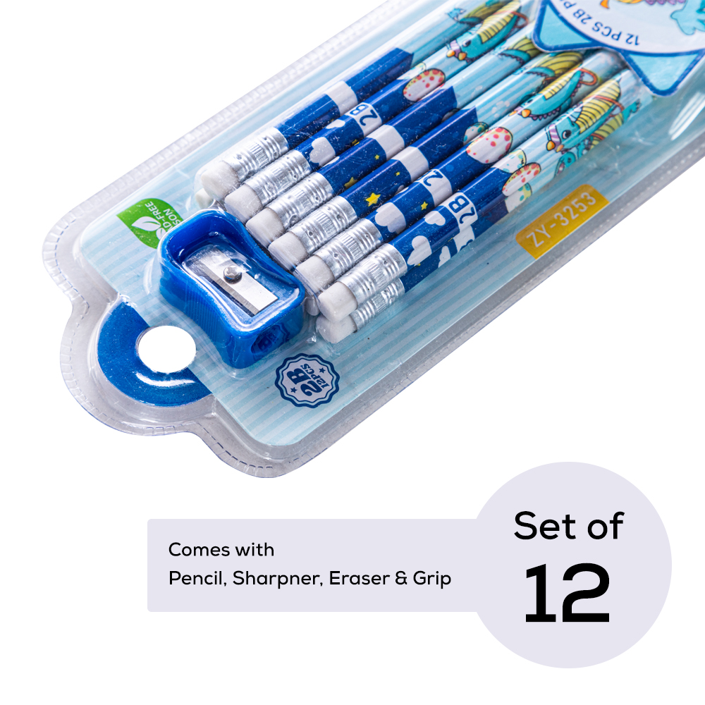 Eazy Kids - 2B Pencils With Eraser & Sharpener 12pc Set - Blue