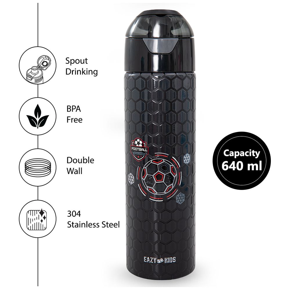 Eazy Kids - Insulated Stainless Steel Spray Water Bottle - Football Black - 640 ml