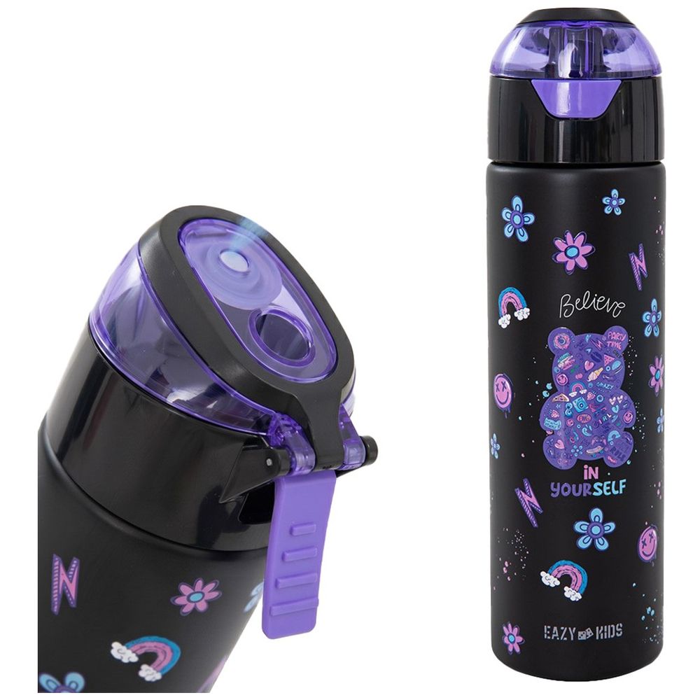 Eazy Kids - Insulated Stainless Steel Spray Water Bottle - Teddy Black - 640 ml