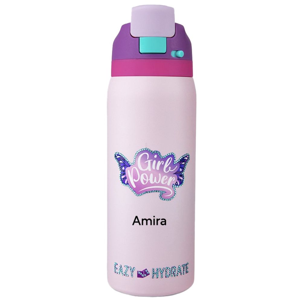 Eazy Kids - Personalized Stainless Steel Water Bottle With Straw And Spout - Girl Power Bling - 948 ml