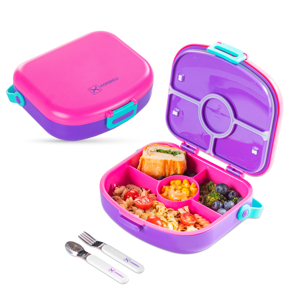 Hydrobrew - 4 Compartment Bento Lunch Box With Spoon & Fork Set - Fuchsia