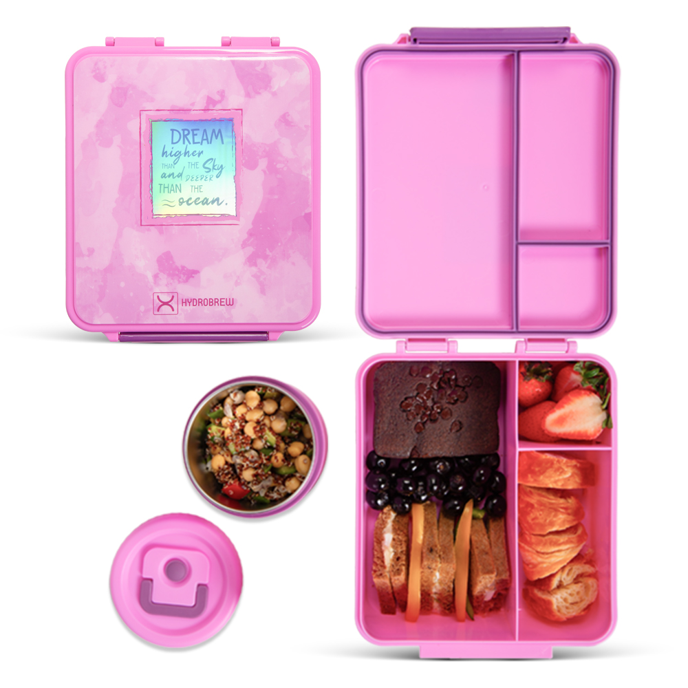 Hydrobrew - 3 Compartment Bento Lunch Box & Food Jar Set - Dream Pink - 2 Pcs