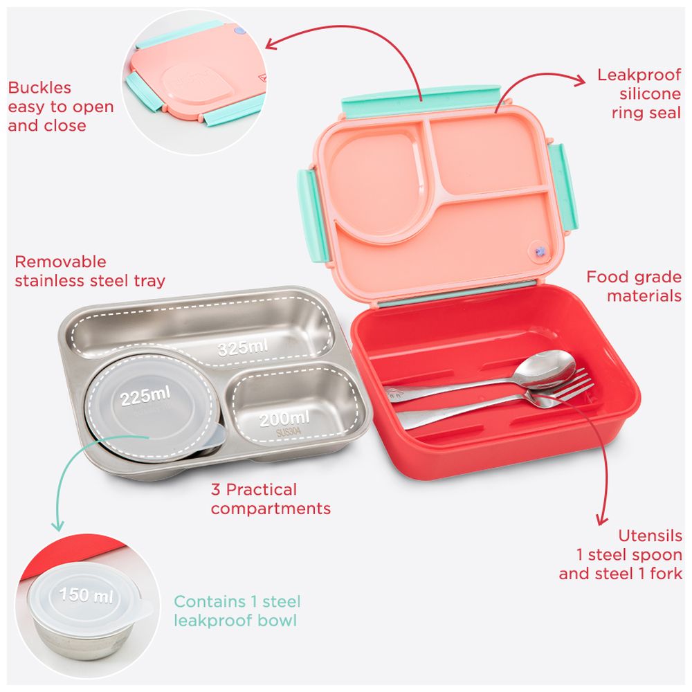 Hydrobrew - Personalized Steel Core 4 Compartment Lunch Box With Food Jar & Cutlery - Pink Sorbet