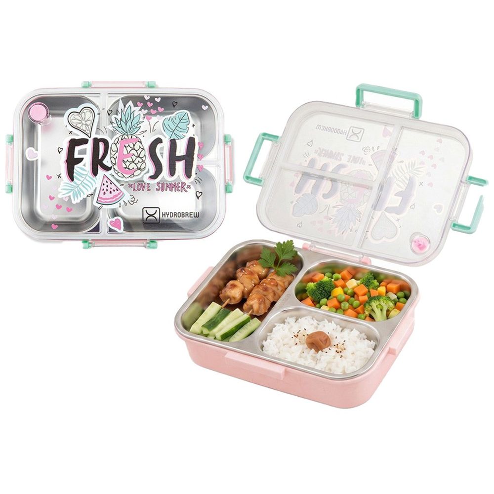 Hydrobrew - Steel Core 3-Compartment Bento Lunch Box - Fresh Pink
