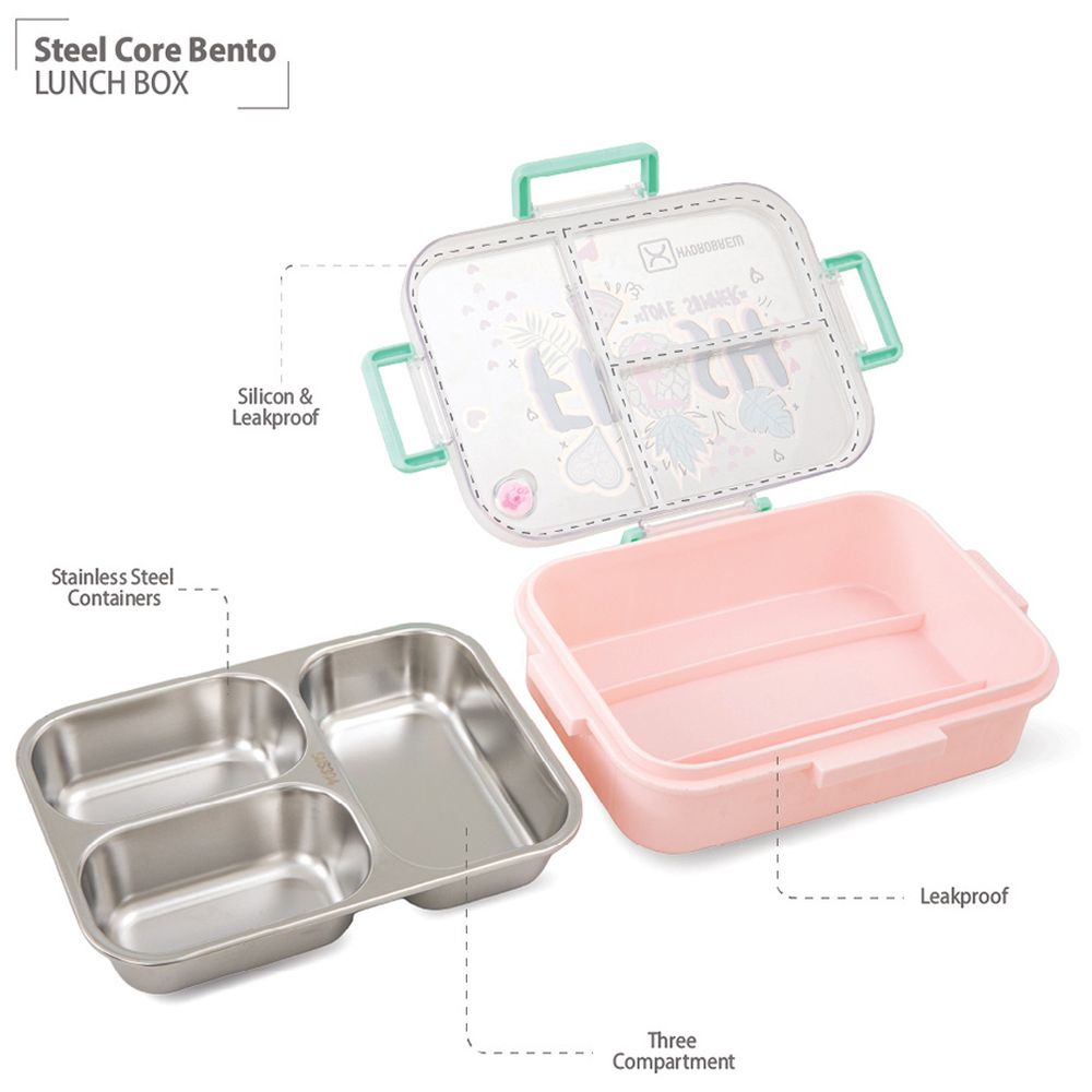 Hydrobrew - Steel Core 3-Compartment Bento Lunch Box - Fresh Pink