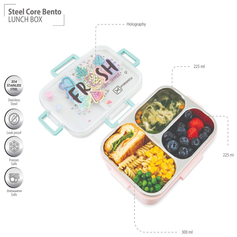 Hydrobrew - Steel Core 3-Compartment Bento Lunch Box - Fresh Pink