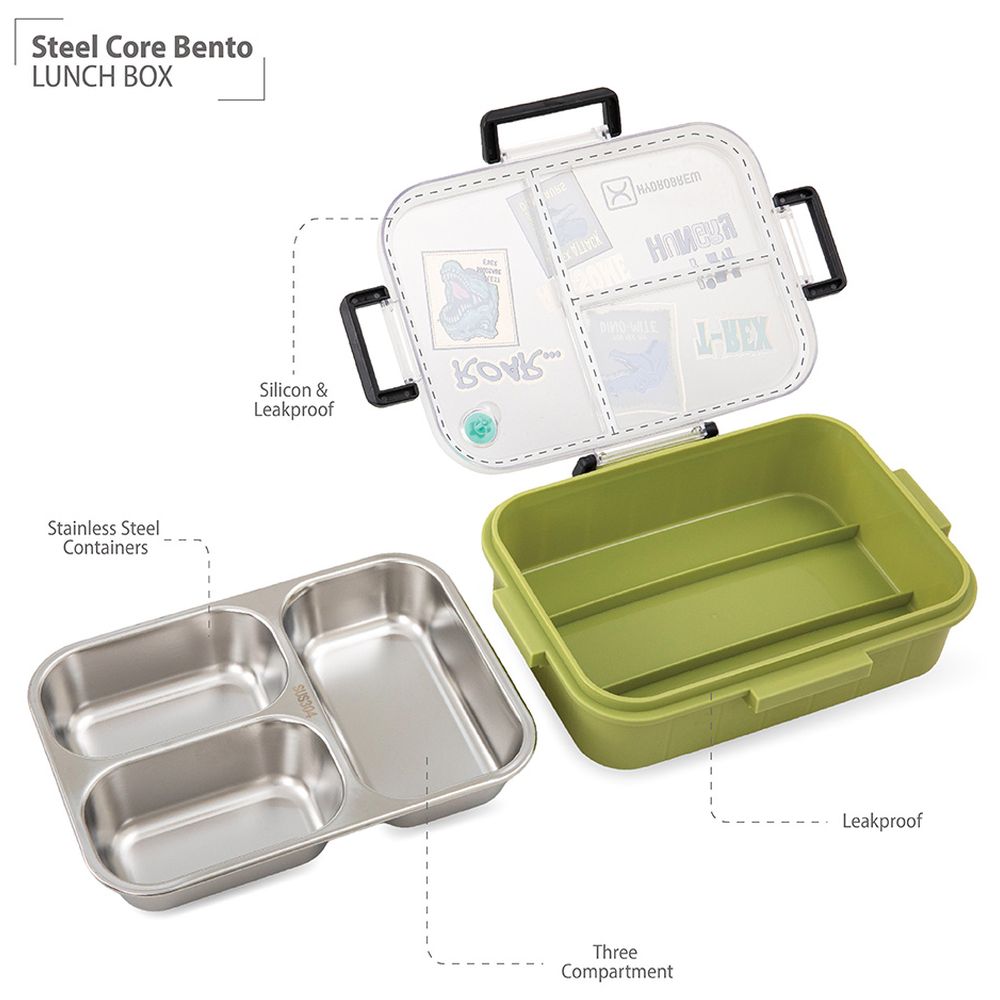 Hydrobrew - Steel Core 3-Compartment Bento Lunch Box - Olive Roar