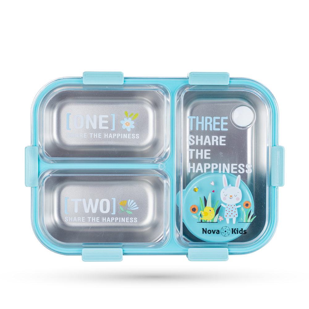 Nova Kids - 3 Compartment Bento Lunch Box With Spoon & Fork Set - Blue - 800 ml