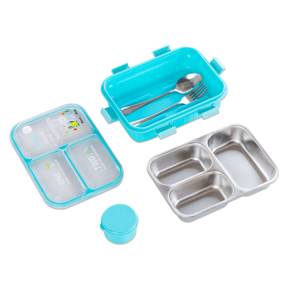 Nova Kids - 3 Compartment Bento Lunch Box With Spoon & Fork Set - Blue - 800 ml