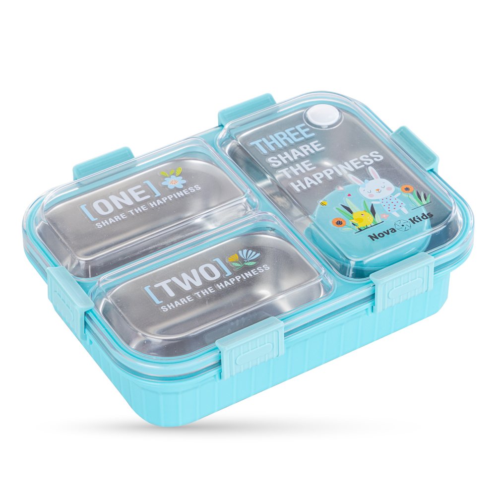 Nova Kids - 3 Compartment Bento Lunch Box With Spoon & Fork Set - Blue - 800 ml
