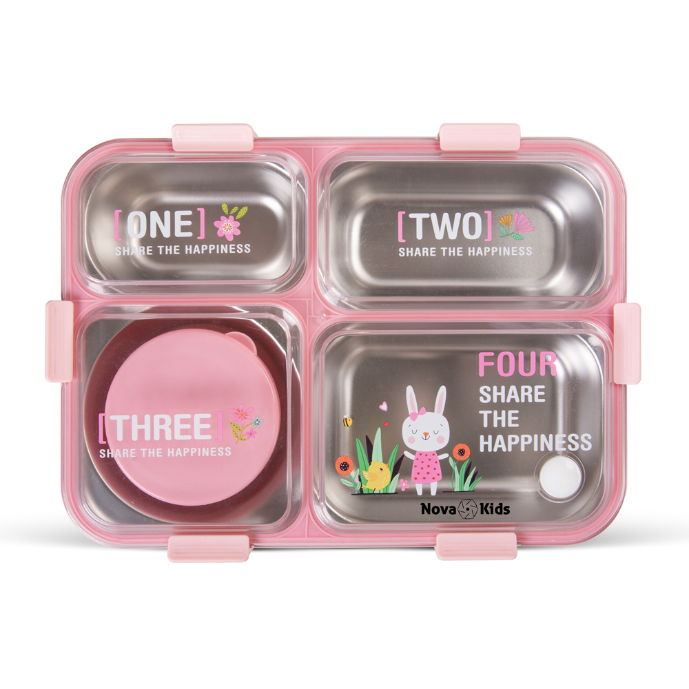 Nova Kids - 3 Compartment Bento Lunch Box With Spoon & Fork Set - Pink - 800 ml