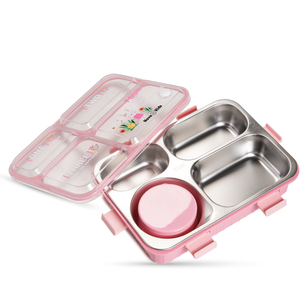 Nova Kids - 3 Compartment Bento Lunch Box With Spoon & Fork Set - Pink - 800 ml