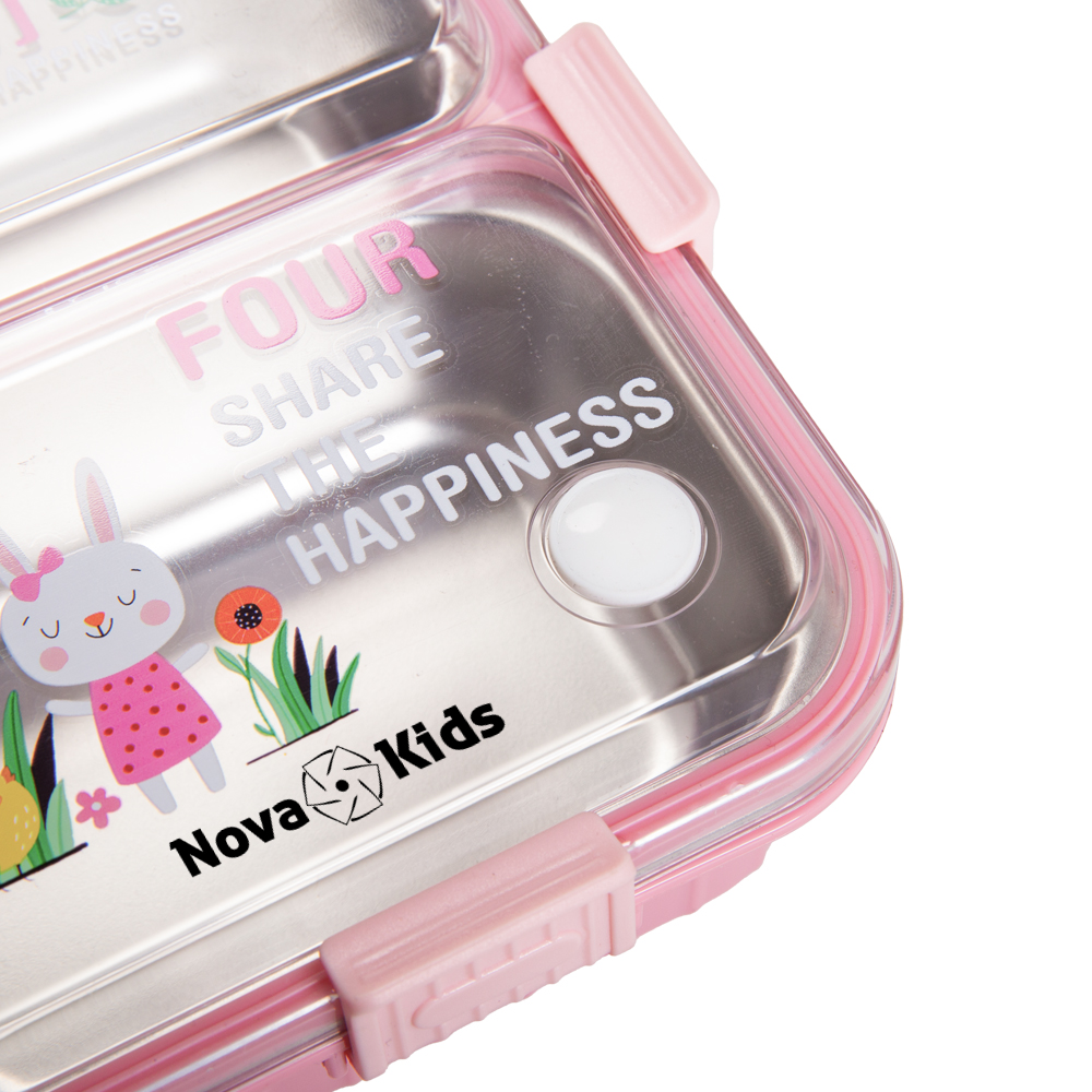 Nova Kids - 3 Compartment Bento Lunch Box With Spoon & Fork Set - Pink - 800 ml