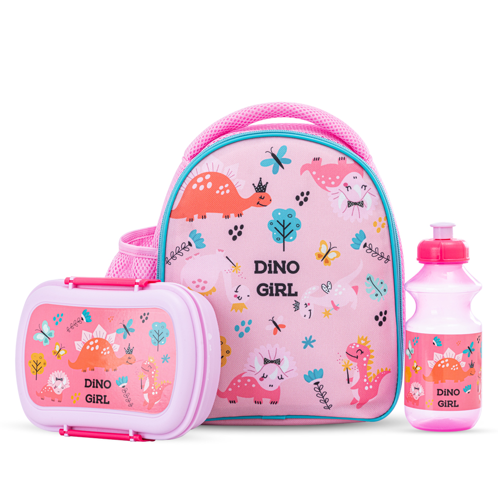 Nova Kids - Girl's Lunch Bag With Box & Water Bottle Set - Dinosaurs - 3 Pcs