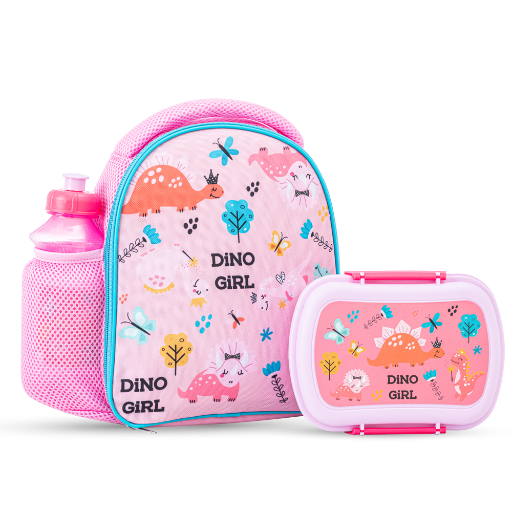 Nova Kids - Girl's Lunch Bag With Box & Water Bottle Set - Dinosaurs - 3 Pcs