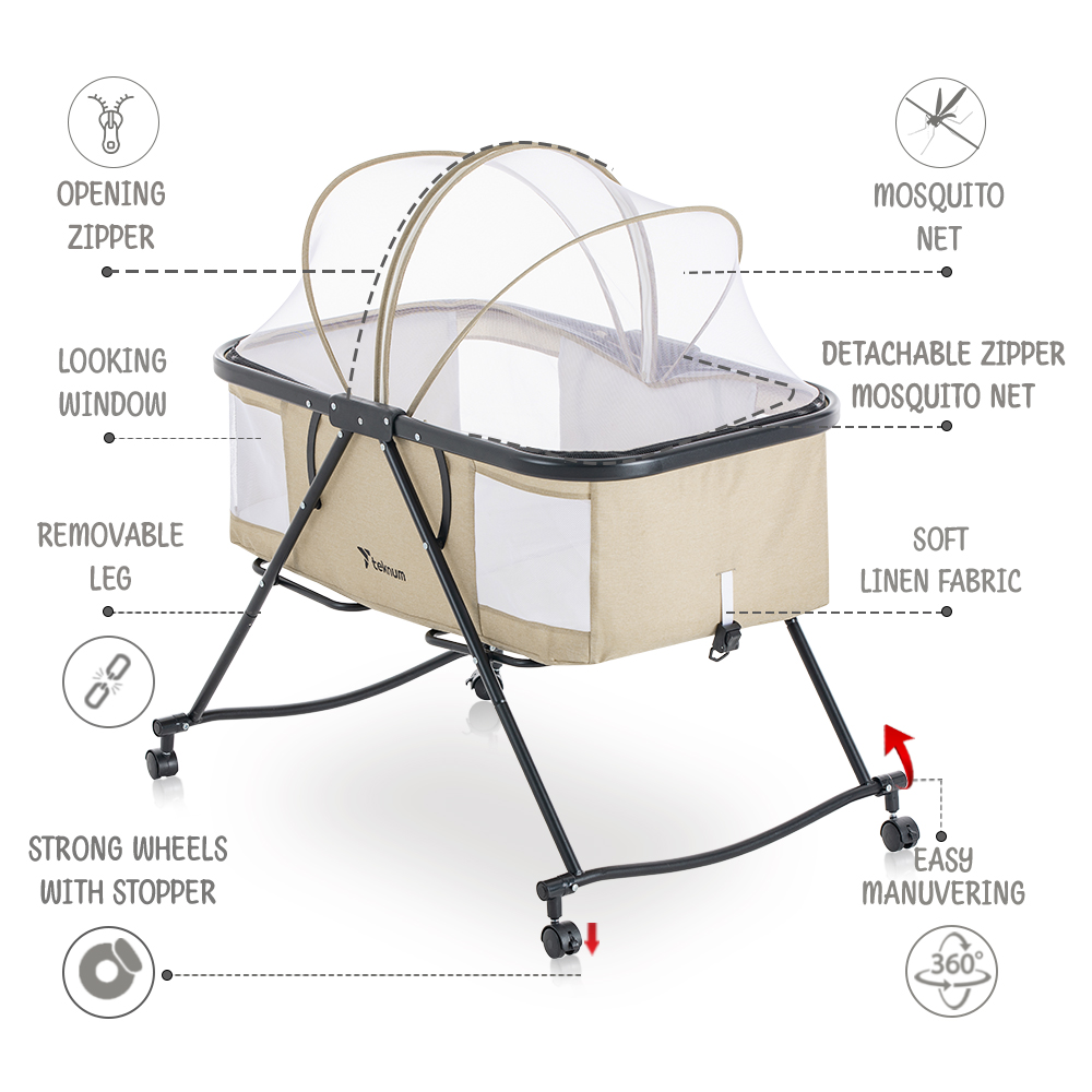 Teknum 3-in-1 Baby Cot, Cradle With Mosquito Net - Ivory