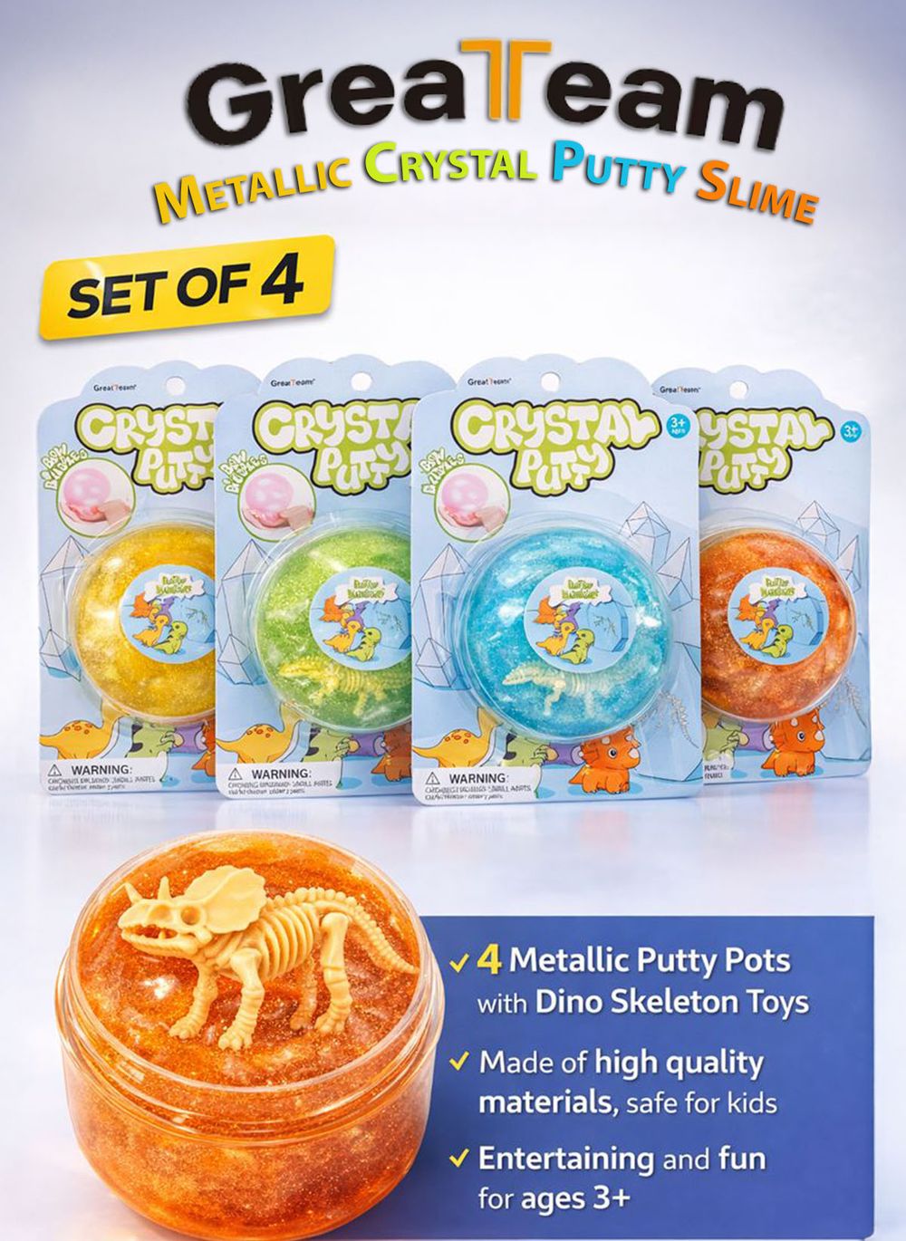 Greateam - Premium Metallic Crystal Putty 4pc-Set With Dino Skeleton Toy - Multicolor