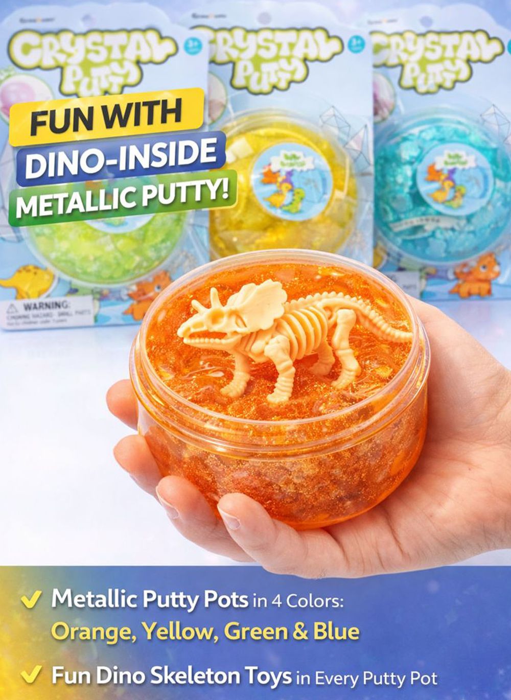 Greateam - Premium Metallic Crystal Putty 4pc-Set With Dino Skeleton Toy - Multicolor
