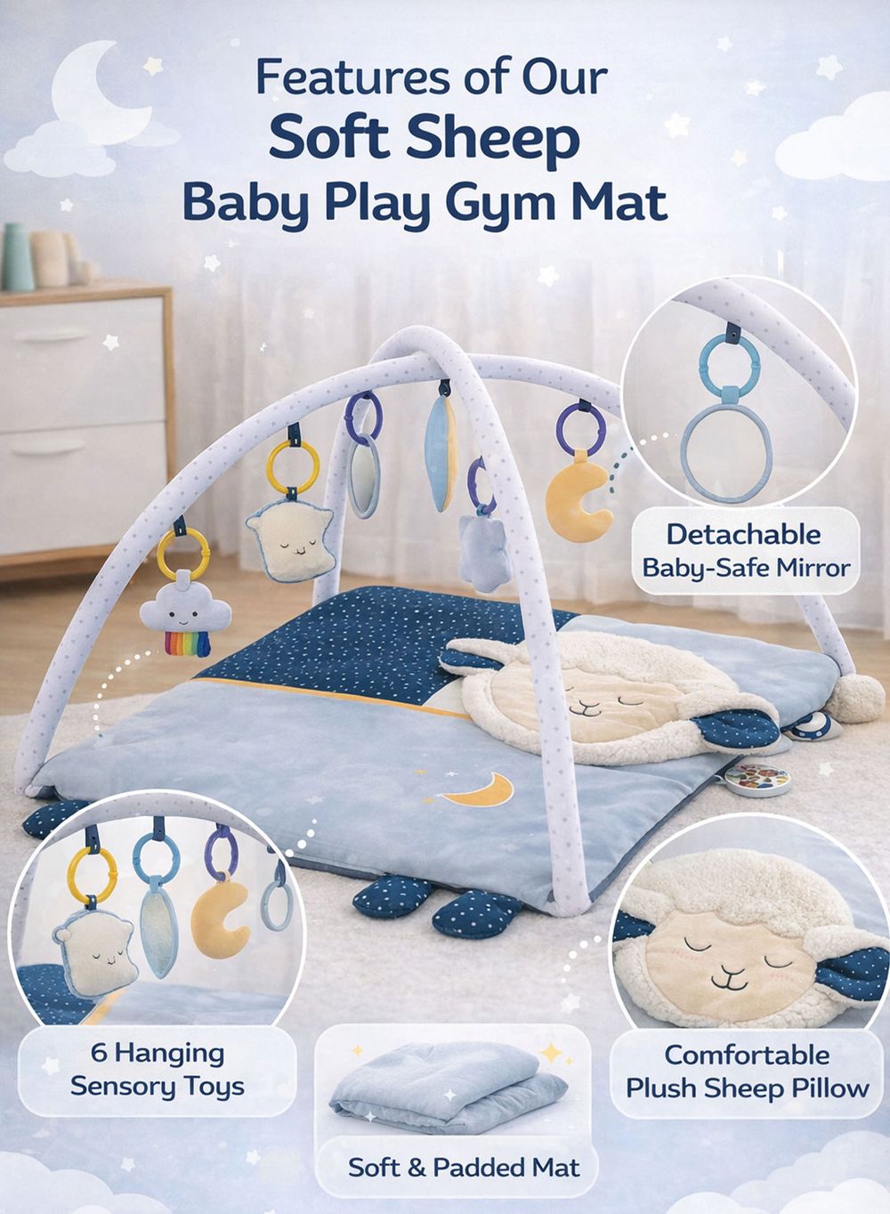Oobidoo - Baby Play Gym Mat With Soft Sheep Theme