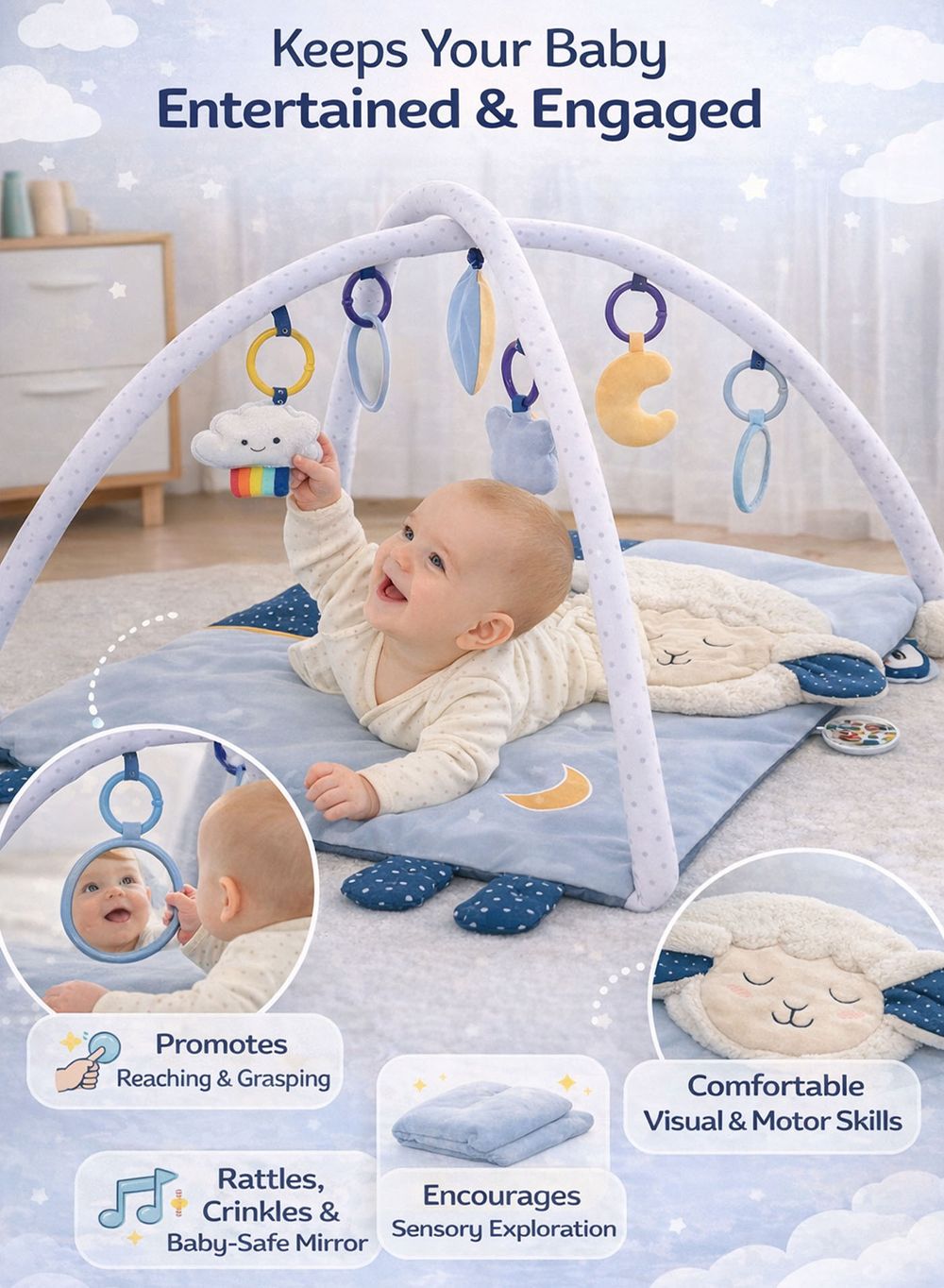 Oobidoo - Baby Play Gym Mat With Soft Sheep Theme