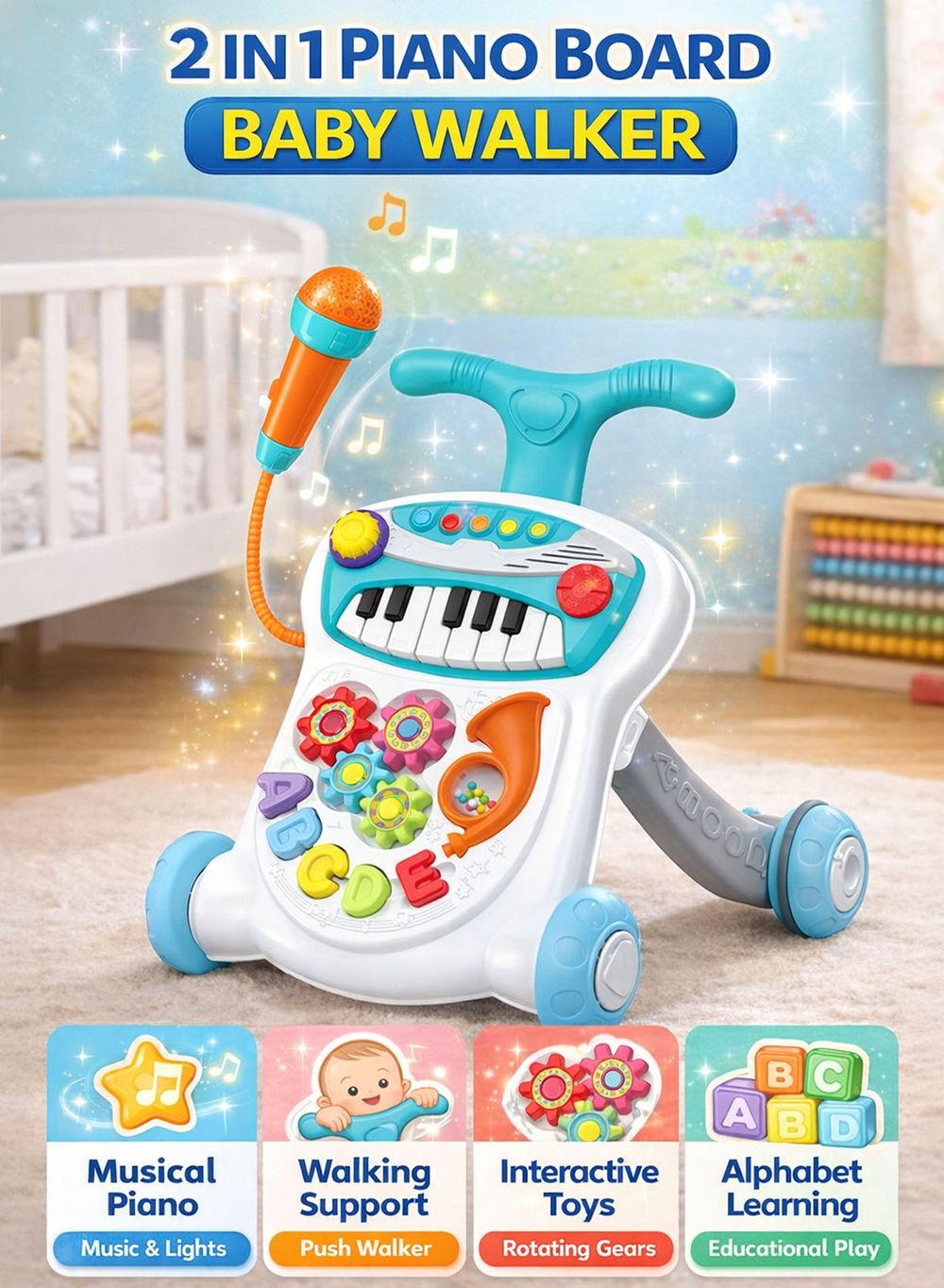 oobidoo - 2 In 1 Piano Board Baby Walker Push Toy