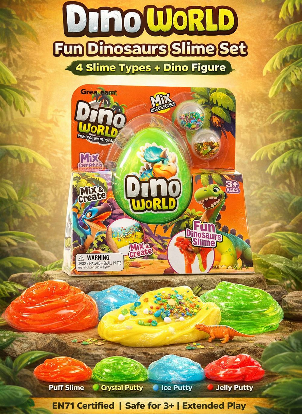 Greateam - Dino World Fun Dinosaurs Slime 4pc-Set - Multicolor