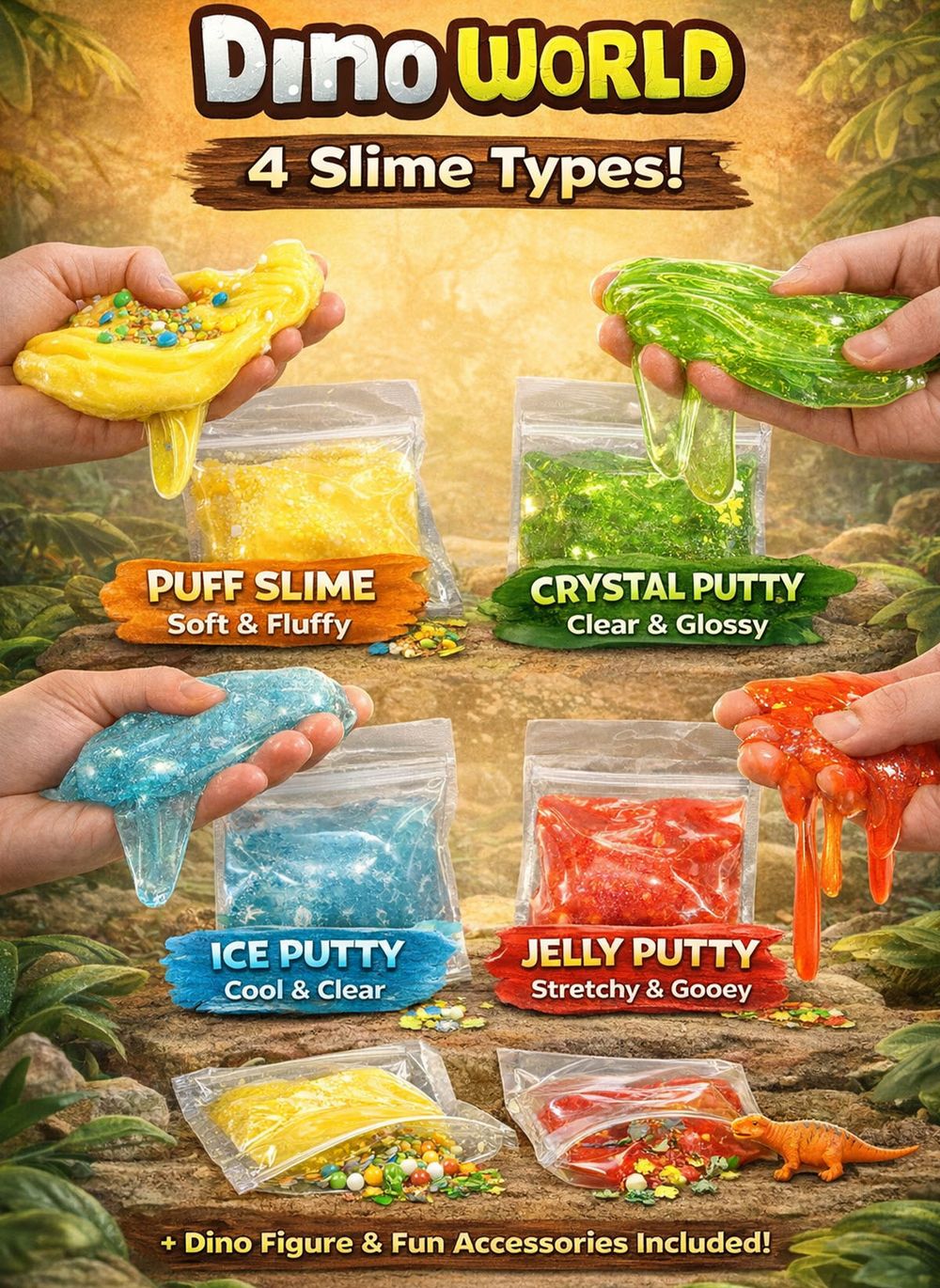Greateam - Dino World Fun Dinosaurs Slime 4pc-Set - Multicolor