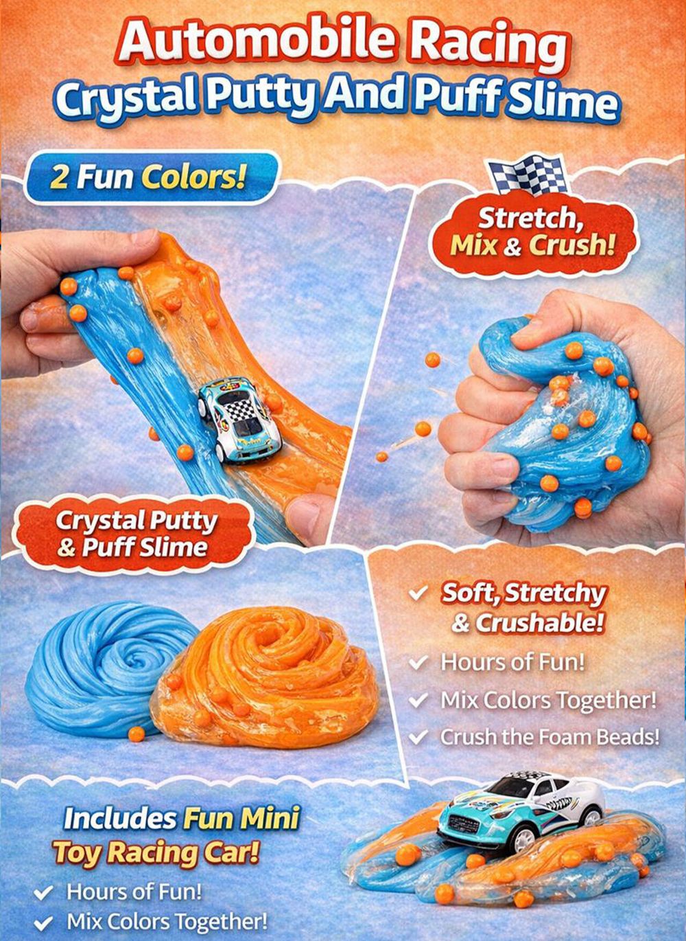 Greateam - Automobile Racing Putty Set Crystal Putty & Puff Slime Kit - Multicolor