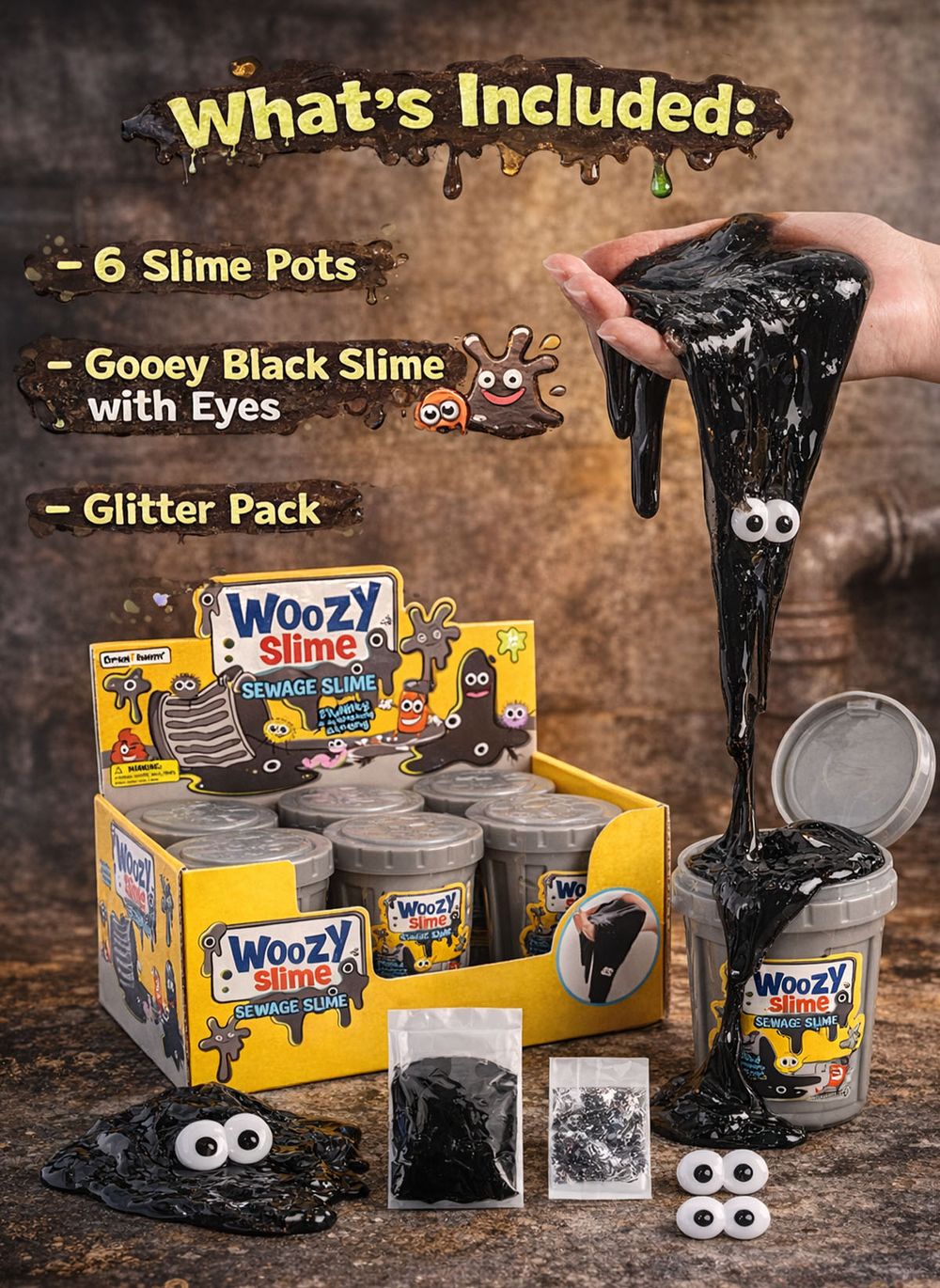 Greateam - Woozy Sewage Slime 6pc-Set With Googly Eyes - Multicolor