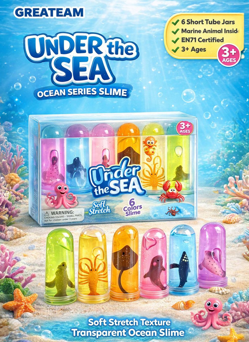 Greateam - Under The Sea Ocean Series Slime 6pc-Set With Sea Animal Toy - Multicolor