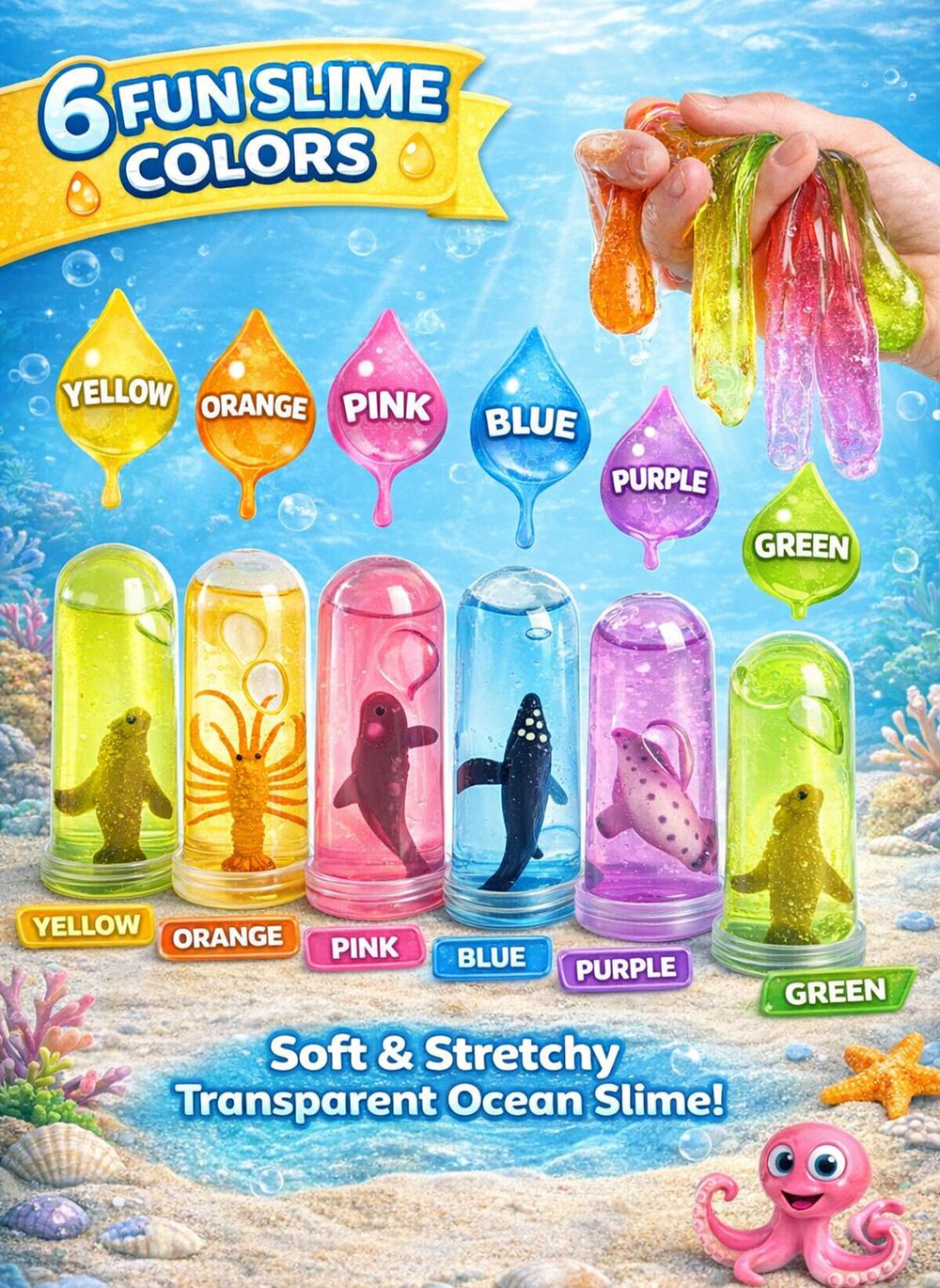 Greateam - Under The Sea Ocean Series Slime 6pc-Set With Sea Animal Toy - Multicolor