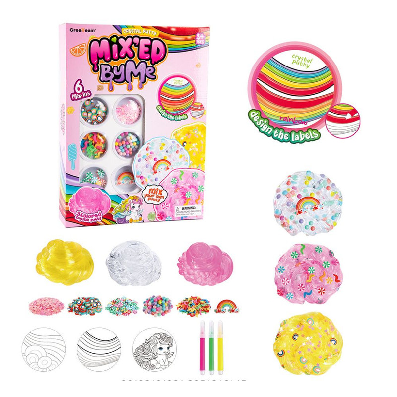 Greateam - Mixed By Me Crystal Putty Unicorn DIY Slime Kit 88-90g With Mix-ins & Markers - Multicolor