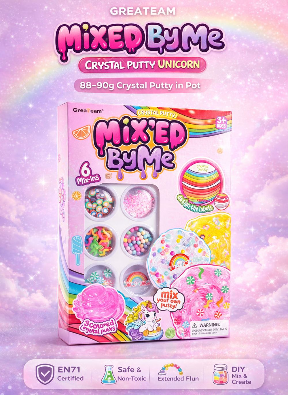 Greateam - Mixed By Me Crystal Putty Unicorn DIY Slime Kit 88-90g With Mix-ins & Markers - Multicolor