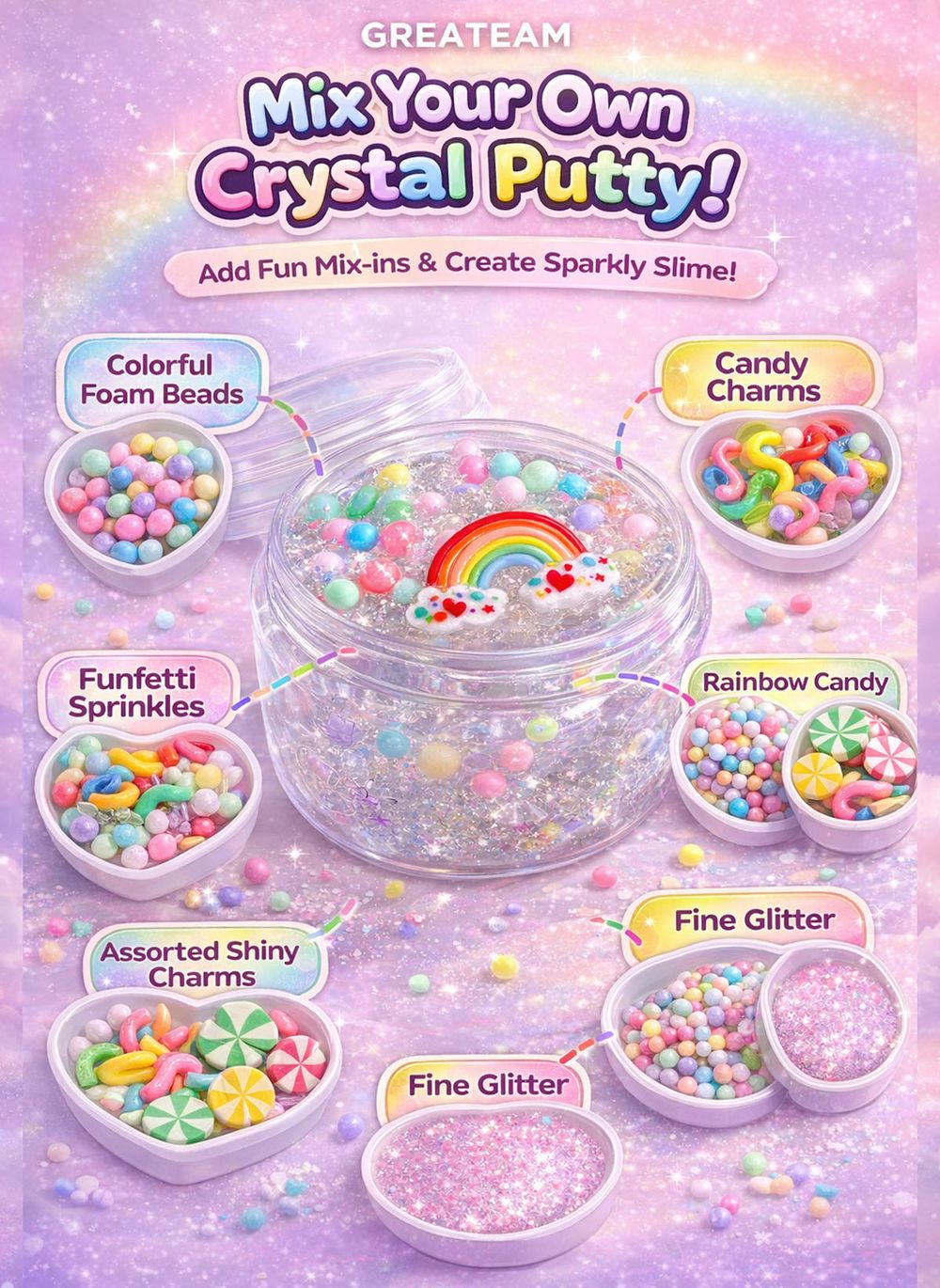 Greateam - Mixed By Me Crystal Putty Unicorn DIY Slime Kit 88-90g With Mix-ins & Markers - Multicolor
