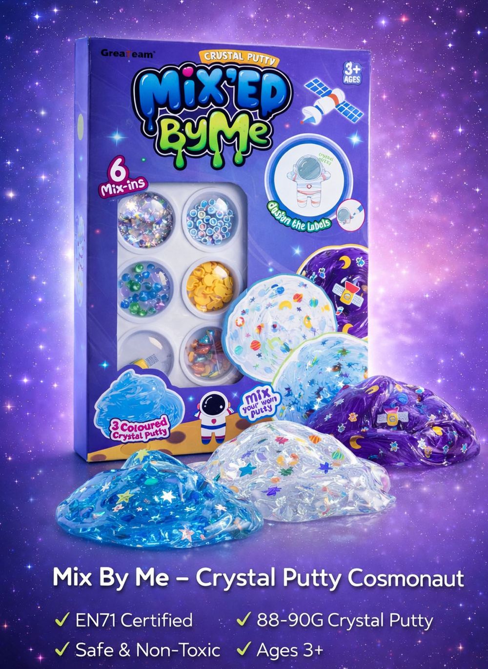 Greateam - Mix By Me Crystal Putty Cosmonaut DIY Slime Kit 88-90g With Space Mix-ins - Multicolor