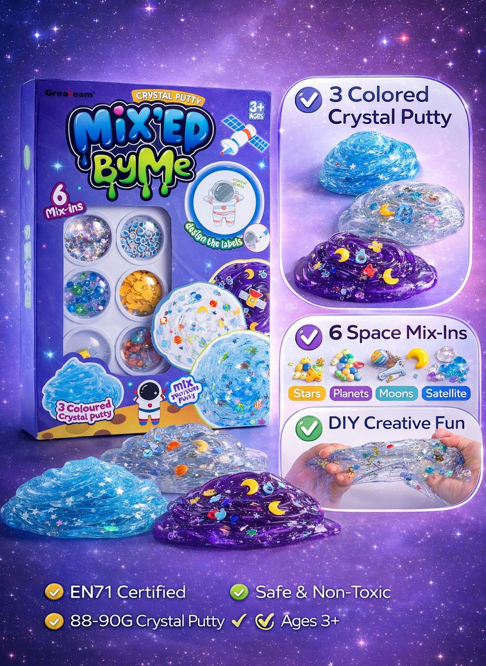 Greateam - Mix By Me Crystal Putty Cosmonaut DIY Slime Kit 88-90g With Space Mix-ins - Multicolor