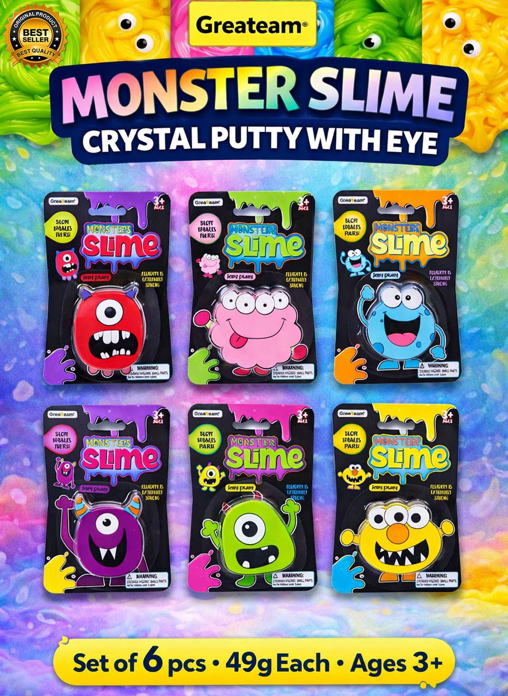 Greateam - Monster Slime Crystal Putty With Eye 6pc-Set 49g Each - Multicolor