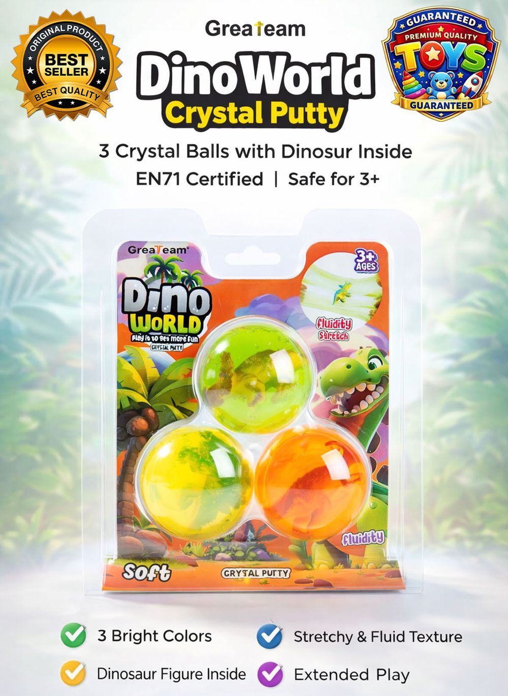Greateam - Dino World Crystal Putty 3pc-Set With Dinosaur Figures - Multicolor