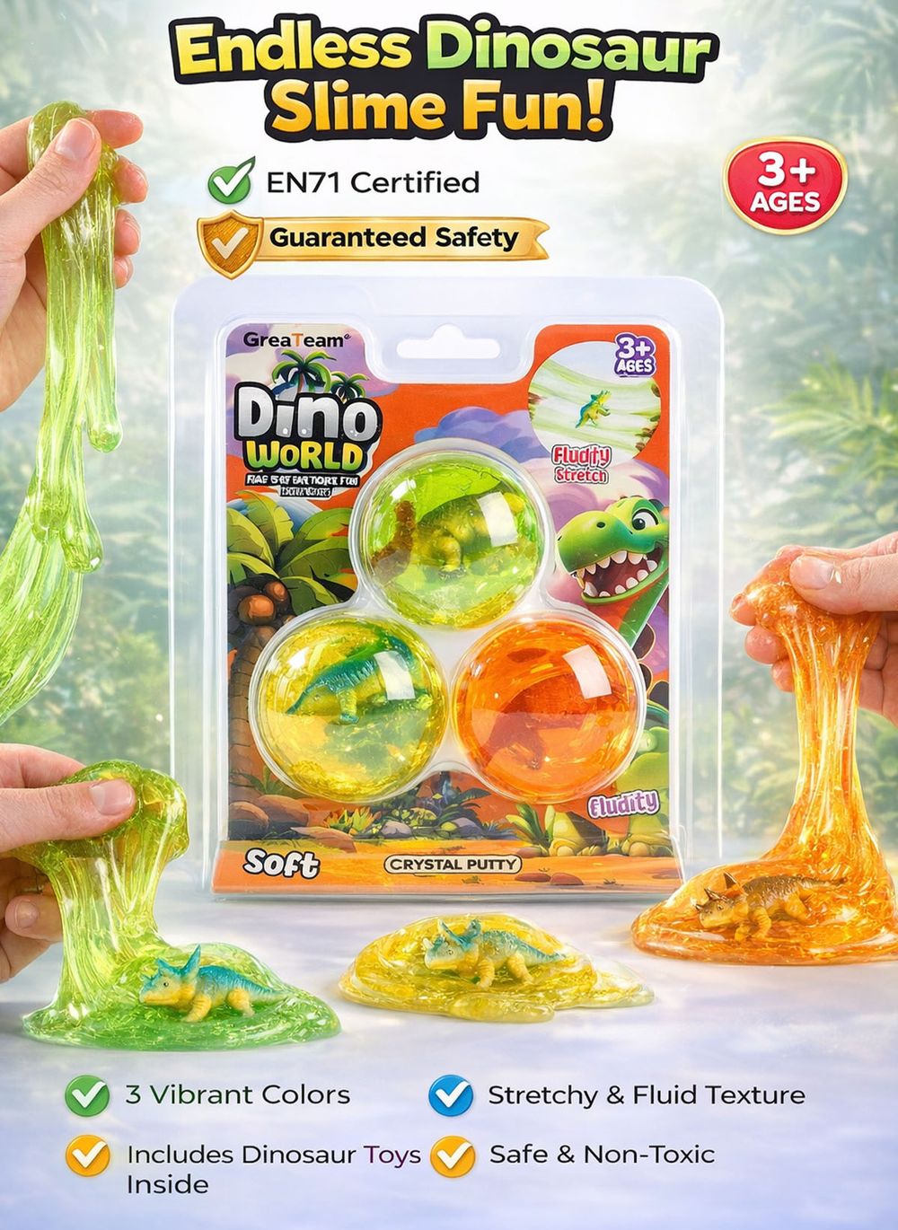 Greateam - Dino World Crystal Putty 3pc-Set With Dinosaur Figures - Multicolor