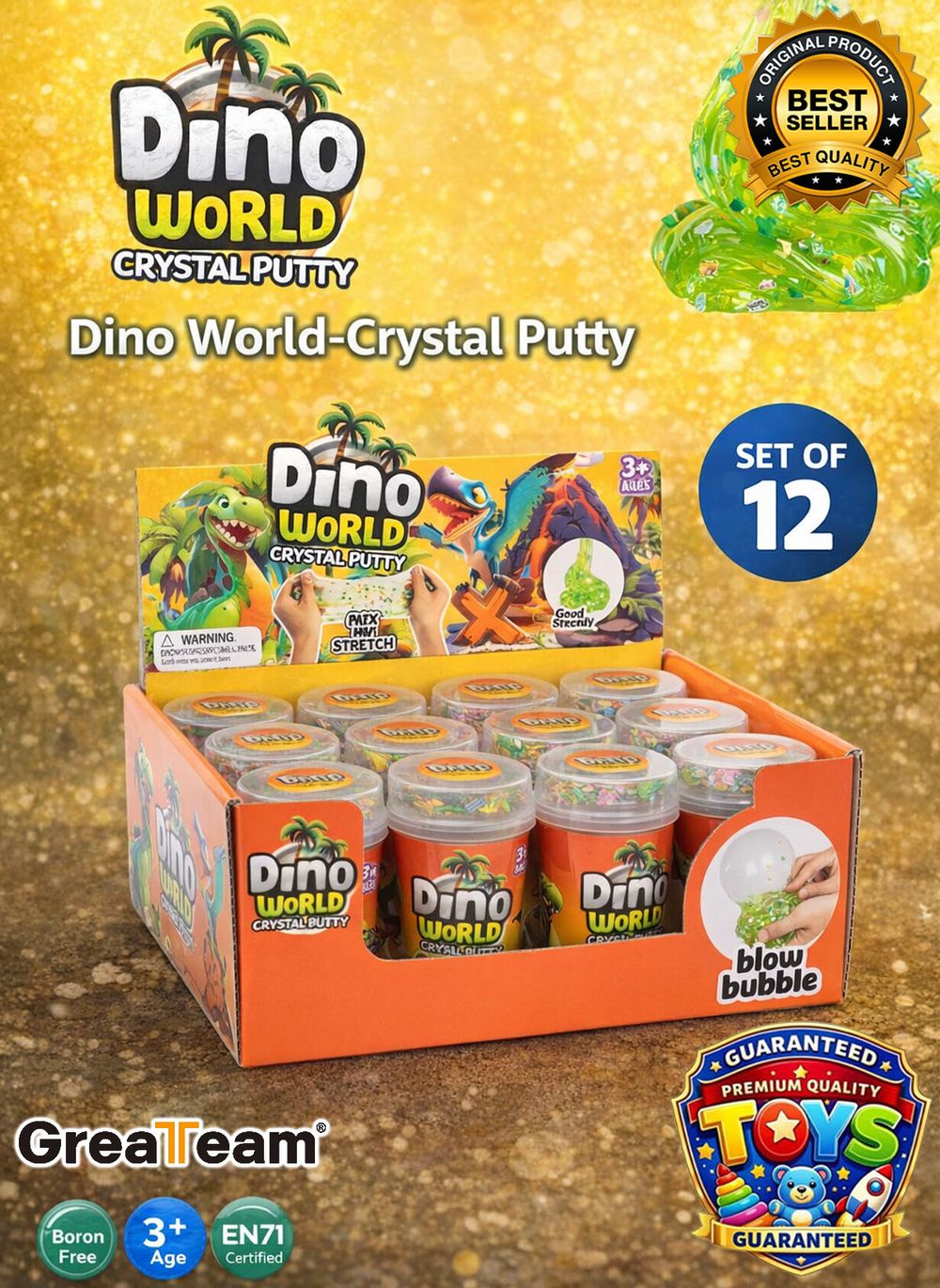 Greateam - Dino World Crystal Putty 12pc-Set 150g Each With Accessories - Multicolor