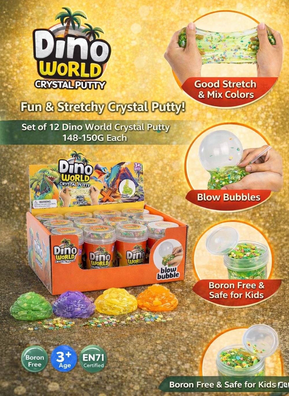 Greateam - Dino World Crystal Putty 12pc-Set 150g Each With Accessories - Multicolor
